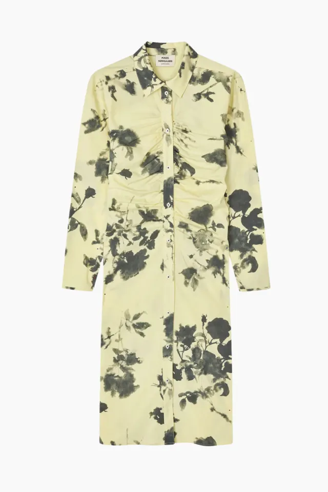 Mads Nørgaard Poplinea Iris Dress AOP – Ink Flower/ Tender Yellow — produktfoto