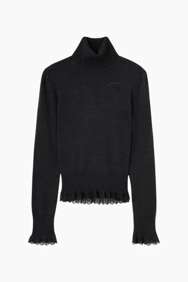 GANNI Merino Turtleneck w lace details A1150062 – Phantom — produktfoto