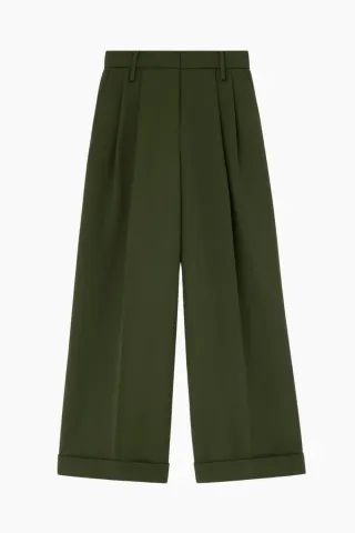 GANNI Single Wool Twill Oversized Pleated Pants – Kombu Green — produktfoto
