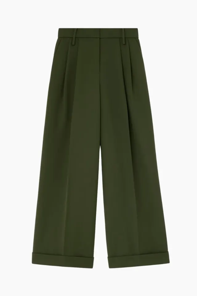 GANNI Single Wool Twill Oversized Pleated Pants – Kombu Green — produktfoto