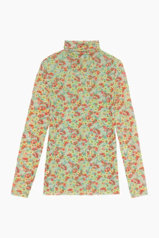 GANNI Printed Mesh Long Sleeve Fitted Rollneck – Meadow Celadon Green — produktfoto