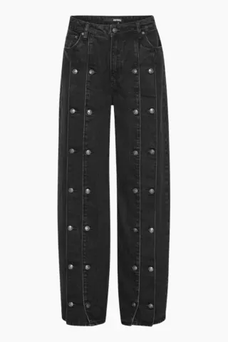 Rotate Button Detail Wide Jeans – Black Denim — produktfoto