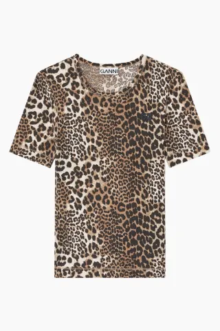 GANNI Soft Cotton Rib Short Sleeve T-Shirt T4405 – leopard — produktfoto