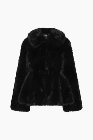 Rotate Faux Fur Flared Jacket – sort — produktfoto