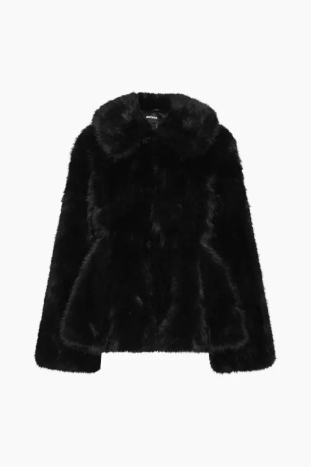 Rotate Faux Fur Flared Jacket – sort — produktfoto
