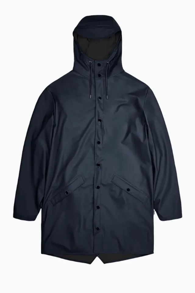 Rains Long Jacket – marineblå — produktfoto
