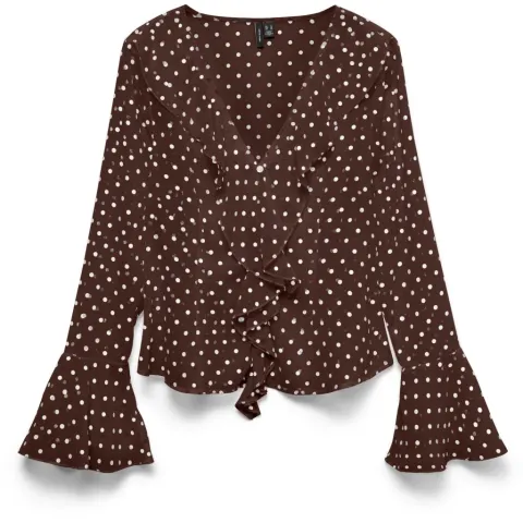 Vero Moda top Vmwillow med flæser og V-hals – Chocolate Martini Snow white dot — produktfoto