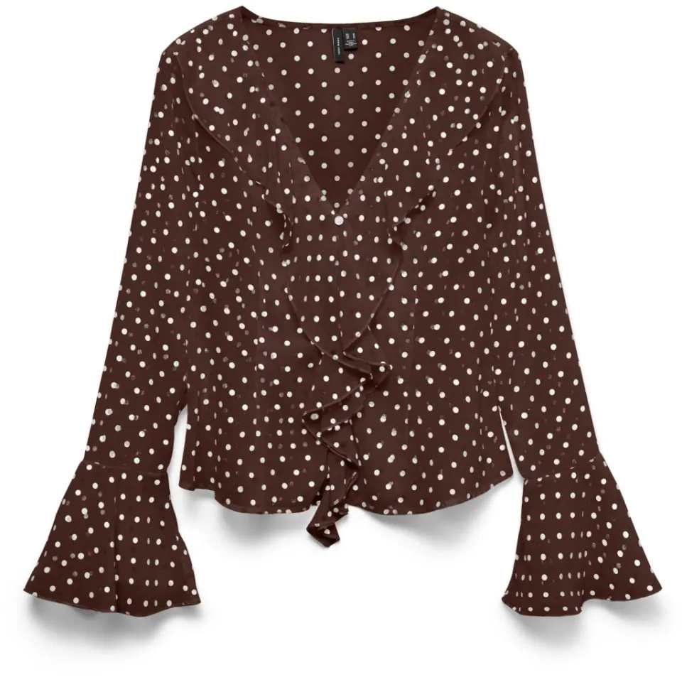 Vero Moda top Vmwillow med flæser og V-hals – Chocolate Martini Snow white dot — produktfoto
