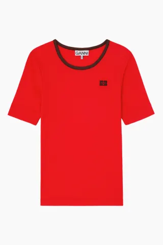 GANNI Soft Cotton Rib Tee A1050216 – High Risk Red — produktfoto