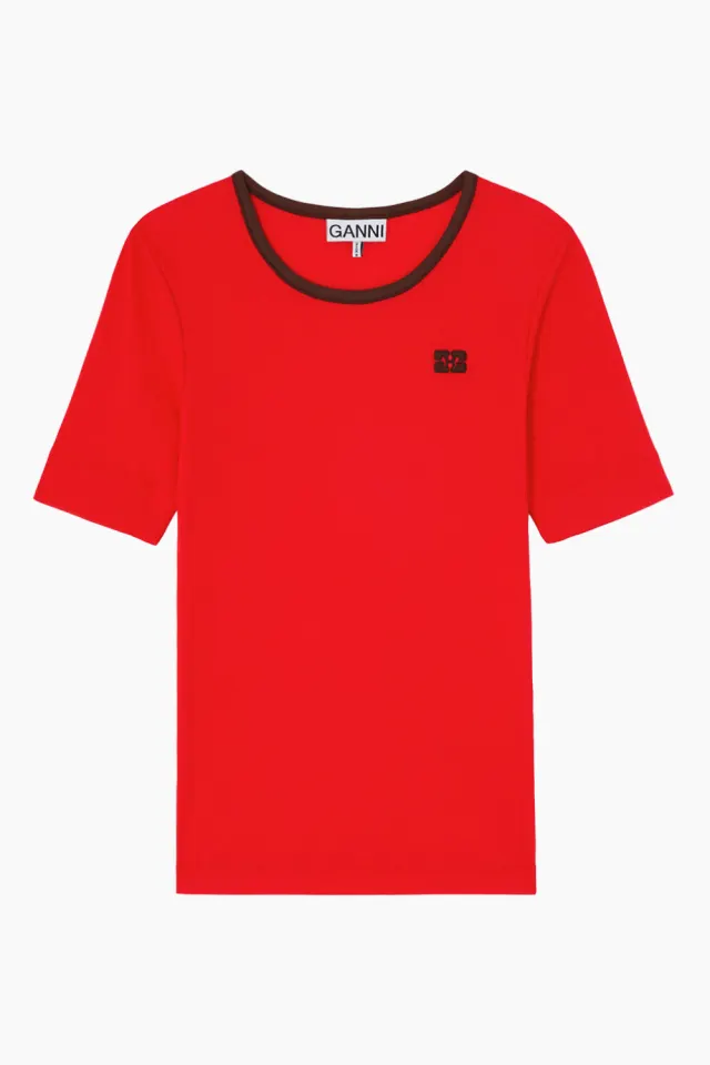GANNI Soft Cotton Rib Tee A1050216 – High Risk Red — produktfoto