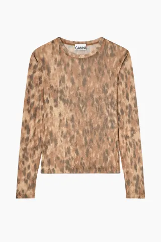 GANNI Printed Marl Mesh Long Sleeve Top A1040348 – Burro ZZT — produktfoto