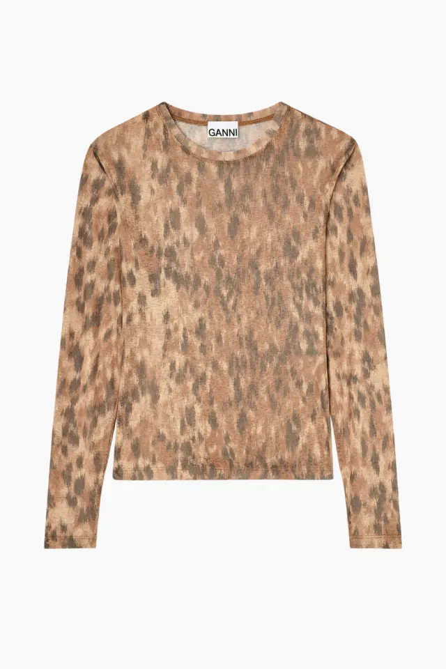 GANNI Printed Marl Mesh Long Sleeve Top A1040348 – Burro ZZT — produktfoto