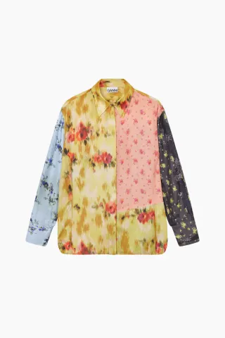 GANNI Multi Printed Silk Twill Long Sleeve Shirt A1040359 – Iced Aqua — produktfoto