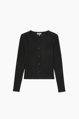 GANNI Compact Pointelle Rib Jersey LS Button Top A1040449 – sort — produktfoto