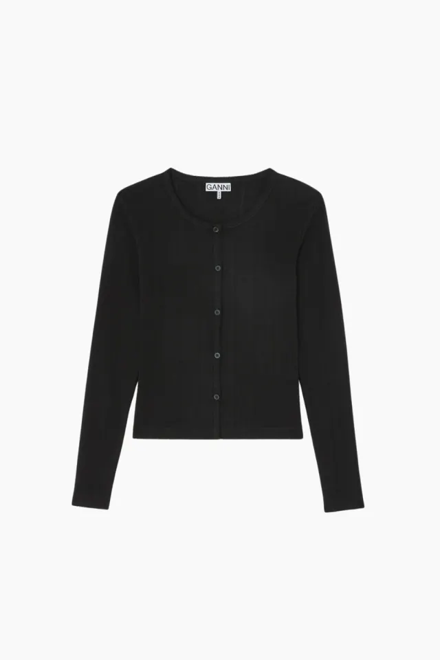 GANNI Compact Pointelle Rib Jersey LS Button Top A1040449 – sort — produktfoto
