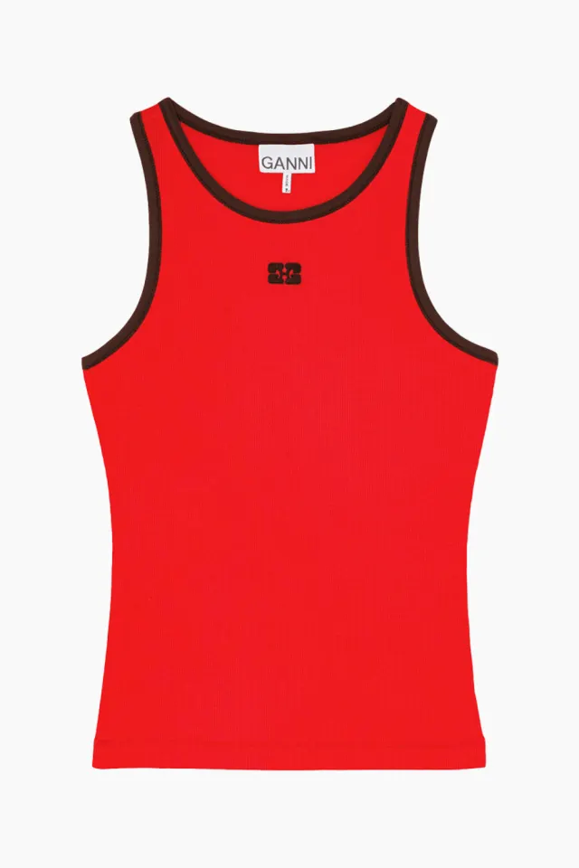 GANNI Soft Cotton Rib Tank Top A1040387 – High Risk Red — produktfoto