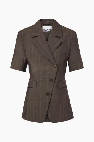 GANNI Light Wool Melange Stripe Short Sleeve Blazer A1020099 – 296 Rain Drum — produktfoto