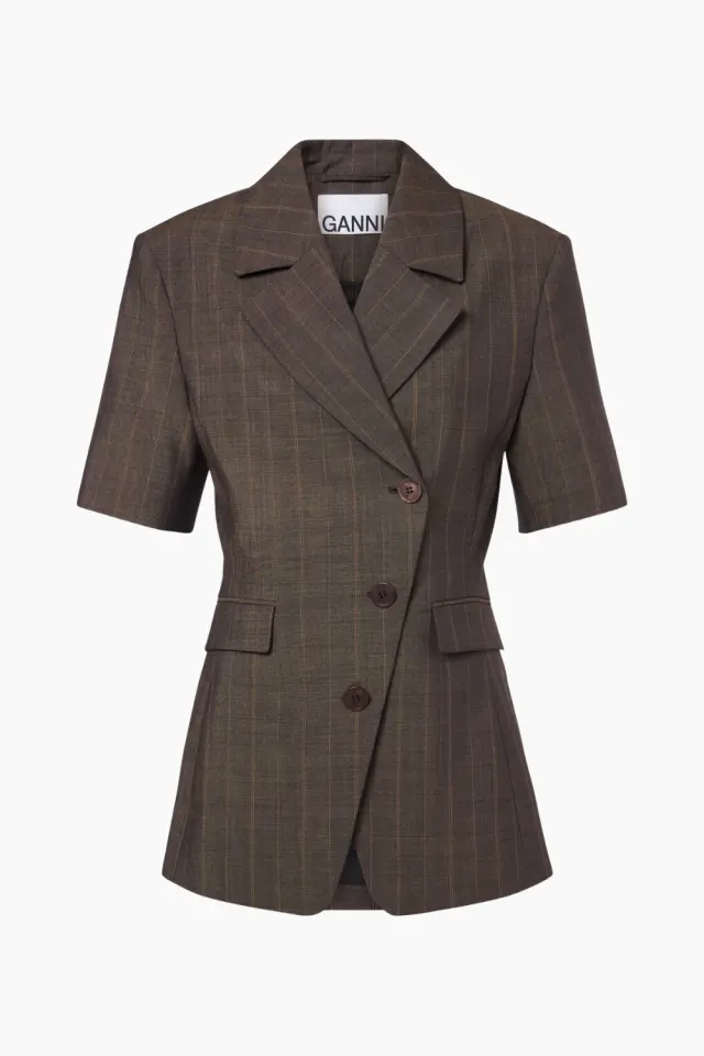 GANNI Light Wool Melange Stripe Short Sleeve Blazer A1020099 – 296 Rain Drum — produktfoto